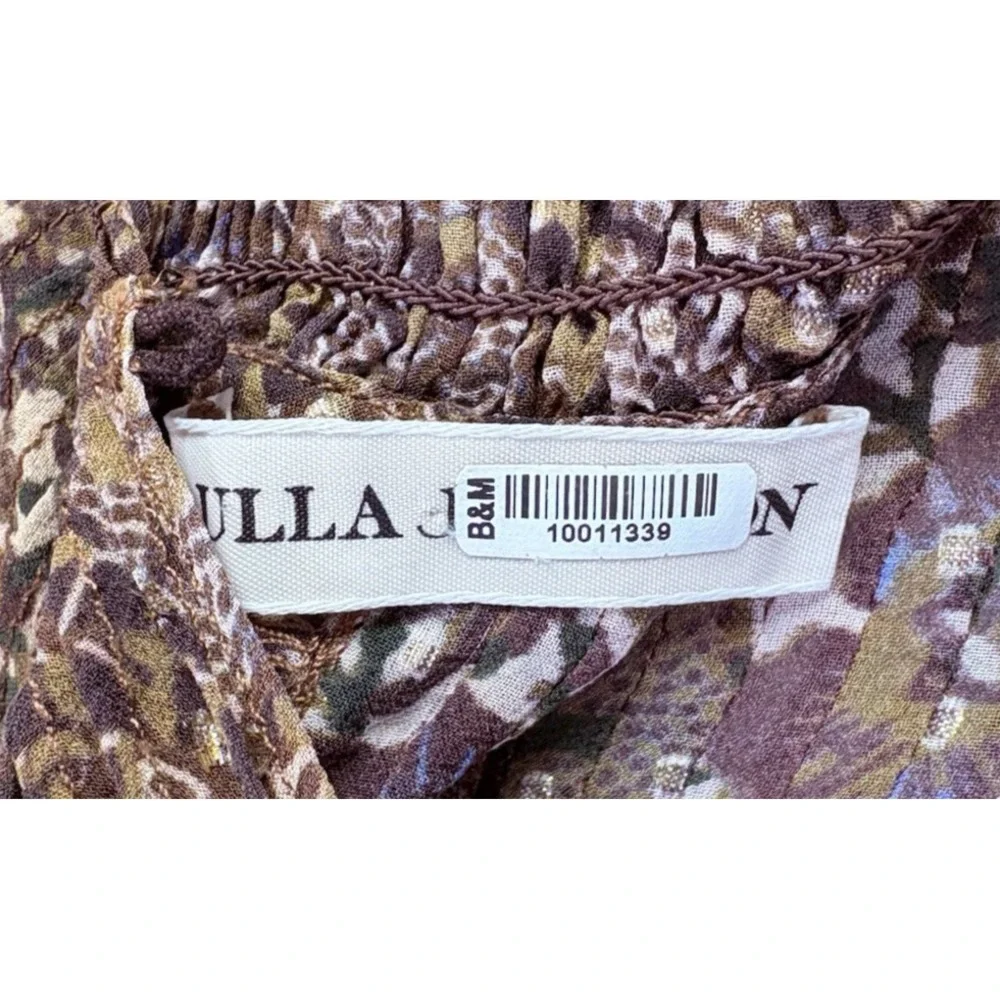 Ulla Johnson Womens 4 Silk Chiffon Blouse Metallic Floral Smocked Ruffle Boho